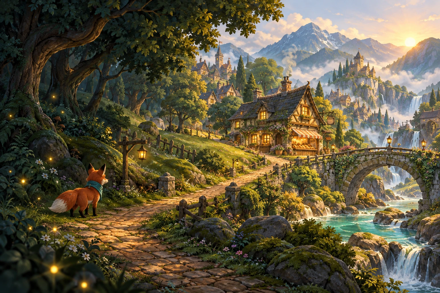 Pip the fox follows a path past a glowing village shop, a stone bridge and distant mountains.