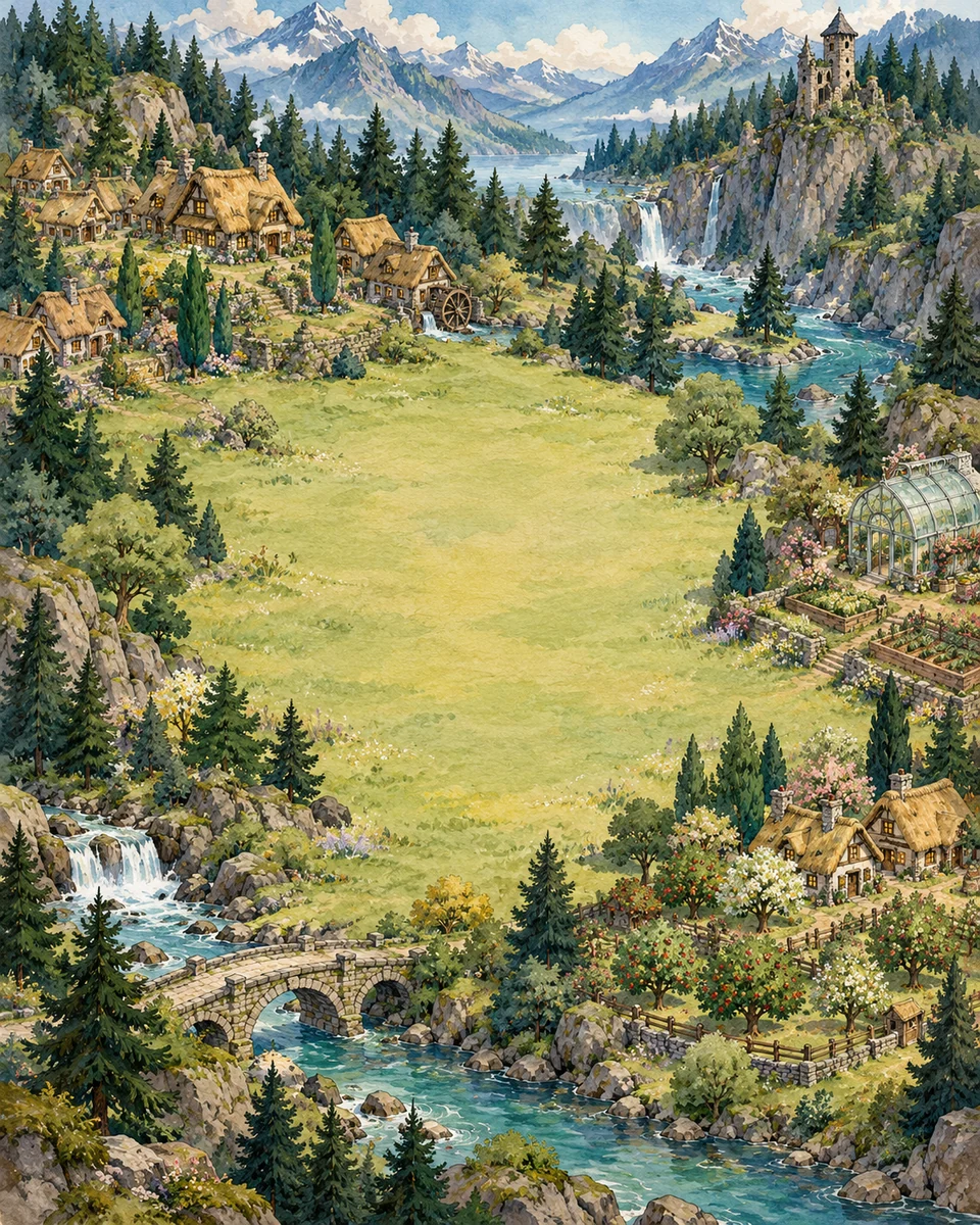 The illustrated village landscape used for the A1 adventure course map.