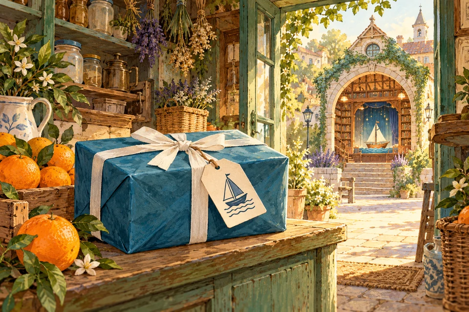 A blue parcel tied with a white ribbon sits in a sunny village shop.